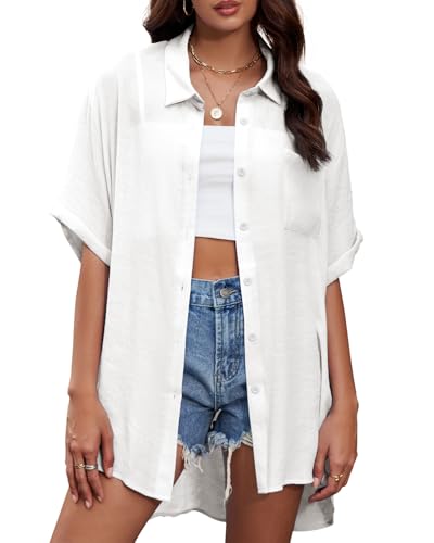 White Button Down Shirt Women Vacation Outfits Short Sleeve Shirt