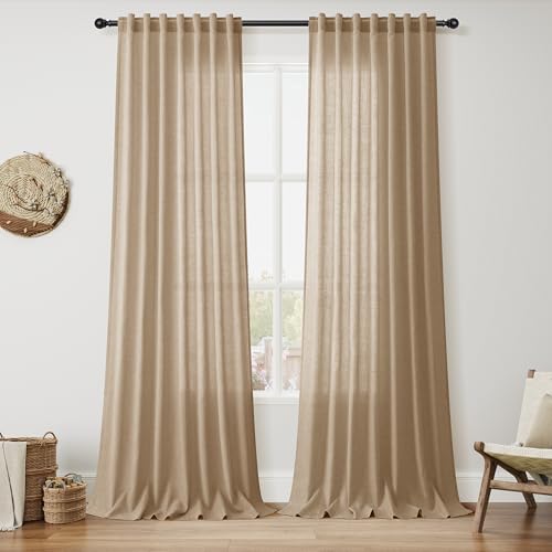 Image of Nanspring Extra Long Linen Curtains 102 Inch for Living Room Sand Beige
