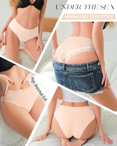 Image of UNDER THE SEA Seamless Underwear for Women Plus Size Mid Rise Lingerie Brief Sexy No Show Panties Womens Cheeky 5 Pack XS-3XL
