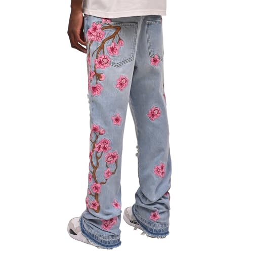 Men's Ripped Bootcut Jeans Floral Embroidery Slim Fit Bell Bottom Destroyed Flare Pants Skinny Stacked Trousers3
