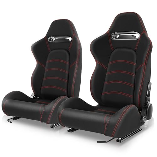 Auto Dynasty Pair of Racing Seat Universal Woven Fabric Reclinable Bucket Seats with Bottom Mount Sliders and Bracket, 35 (H) x 21.5 (W) x 21.5 (D) Inches, Driver and Passenger Side, Black/Red