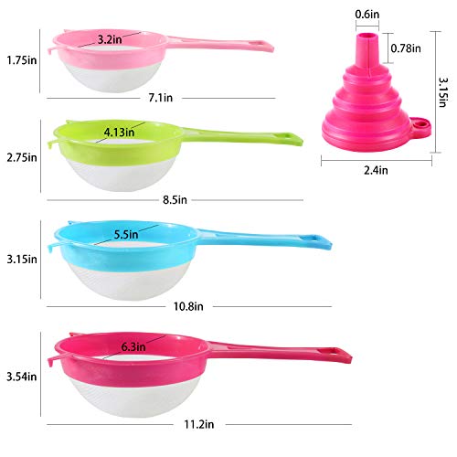 Benbo 4Pcs Plastic Mesh Strainer Colander Set, Food Soy Milk Flour Sieve Long Handle Icing Sugar Sifters Fine Strainer Tea Filter And 2 Pcs Silicone Foldable Funnel For Kitchen #TOP1