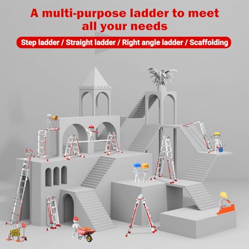Wolec Ladder 14FT, A Frame 4 Step Telescoping Ladder with Stabilizer Bar & Wheels, Heavy Duty 330lbs Max Capacity,Collapsible Multi Position Ladder for Home, Rv, Outdoor-Red