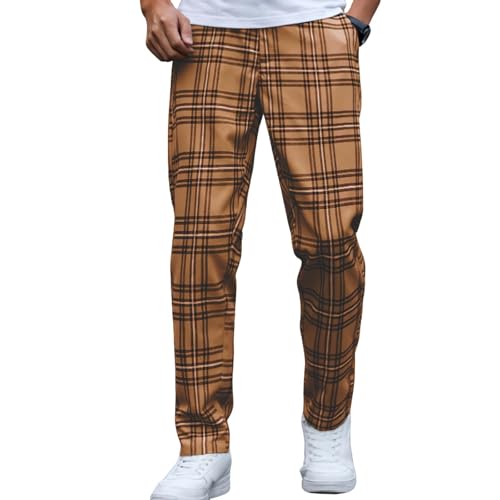 vrvtoov Men's Plaid Dress Pants Regular Fit Formal Pants Business Checked Trousers Color Block Lounge Pant with Pockets Brown