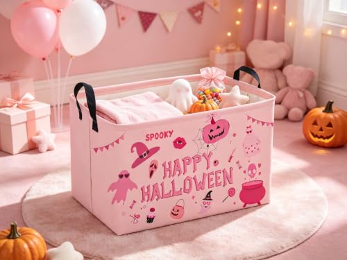 Image of Sanjiaofeng Rectangular Pink Halloween Ghost Storage Basket,Waterproof Foldable Storage Baskets,Trick or Treat Halloween Basket,Halloweens Party Candy Gift Baskets(Pink Ghost)