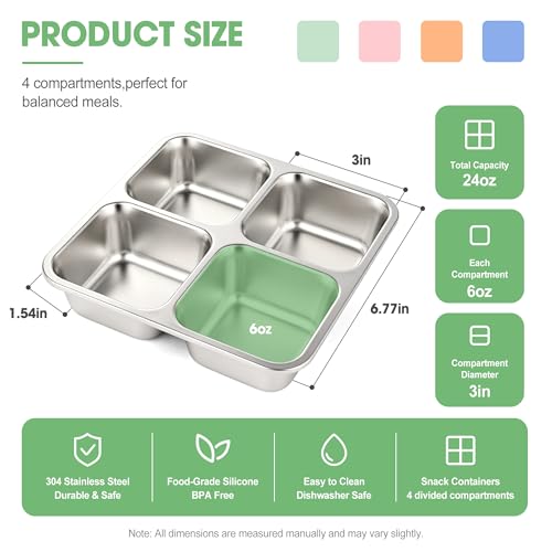 Image of 4 Pack Stainless Steel Snack Containers with Silicone Lids, Leakproof Bento Snack Boxes, Reusable 4 Compartment Metal Lunch Containers, Dishwasher Safe Food Storage for Meal Prep, Work & Travel