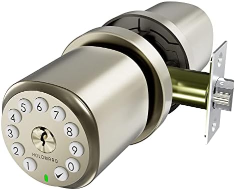 HOLOMARQ Door Knob with Keypad for Interior Combination Bedroom Door Lock 4 AA Alkaline Batteries Keyless Electronic Digital Coded Door Knob Sequra Metallic Gold