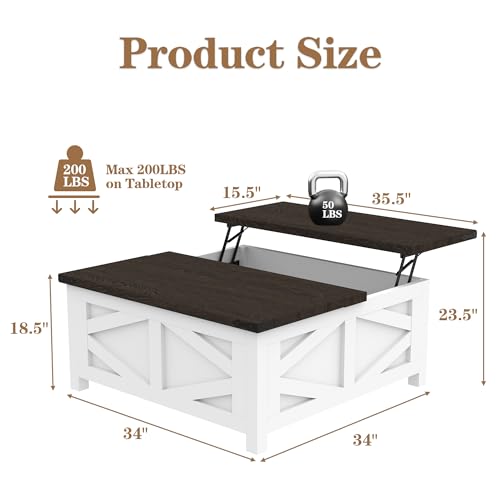 TOLEAD 36\" Farmhouse Lift Top Coffee Table with Storage, Square Coffee Table with Charging Station, Living Room Center Table with Large Hidden Space, White - Thumbnail 2
