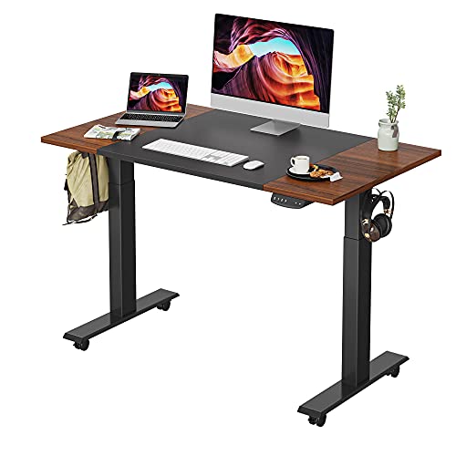 FEZIBO Height Adjustable Electric Standing Desk with Pencil Holder, 48 x 24 Inches Stand Up Desk, Sit Stand Desk with Espresso and Black Top and Black Frame