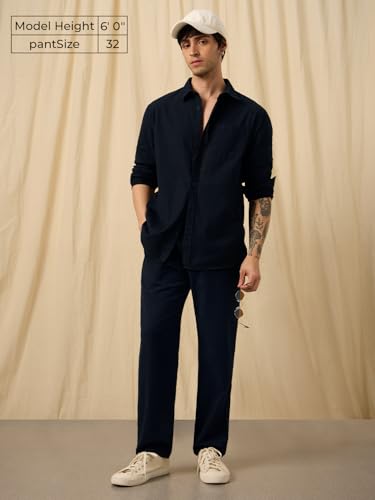 Image of The Souled Store Linen Pants: Men and Boys Drawstringed Solid Straight Fit Summer Ready Lightweight Casual Cotton Linen Pants