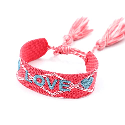 Handmade Woven Braide Cordtassel Wrap Bracelet Bohemia Knitted Love Word Letter Pattern Adjustable Wristband For Women Girl Men Boy Teen Boho Ethnic Rope Friendship Jewelry Gift-B Red #TOP8