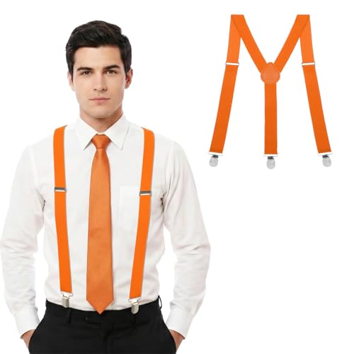 1 Inch Orange Suspenders for Men Y Shape Suspender Set with 3 Strong Clips Adjustable Braces Y Shape with Strong Clips Adjustable Elastic Solid Color Suspenders Yshape Costume Suspender Orange