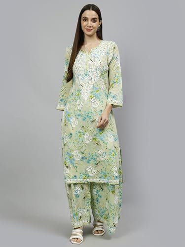 Image of Seva Chikan Hand Embroidered Lucknowi Chikankari Mal Mal Straight Printed Kurta & Palazzo Set for Women SCL8041
