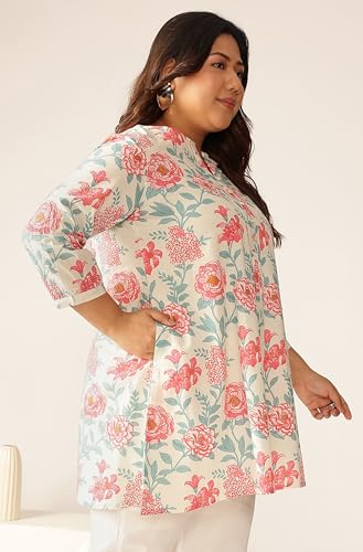 Image of Janasya Women's Plus Size Off White Pure Cotton Floral A-Line Tunic