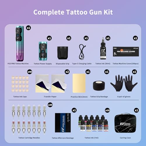 EZ Tattoo Kit - Tattoo Gun Kit with Wireless Tattoo Machine Pen, 1800mAh Power Supply Battery, 20Pcs Tattoo Cartridge Needles and 11 Color Inks for Tattoo Beginners and Artists (P2S Pro Purple Blue) - Thumbnail 5