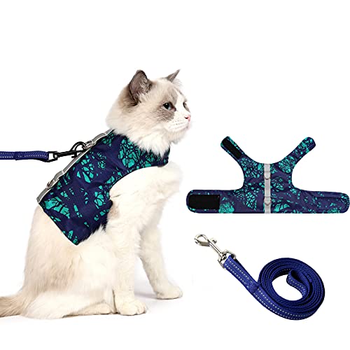 Harnais pour chat et laisse pour la marche et l'évasion - Tissu en maille aérée - Gilet de marche avec bandes réfléchissantes pour chats et chiens de petite taille - Vert foncé - Taille S Cover