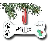 Personalized Dog Bone with Small Paw Prints and Holly Bush Detail Hanging Christmas Tree Pet Ornament with Custom Name