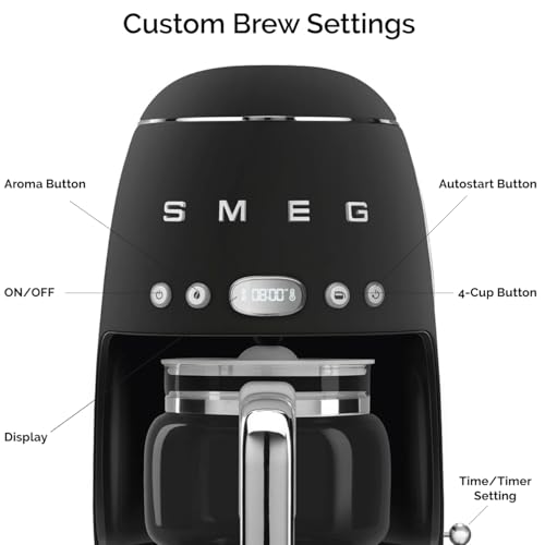 Image of Smeg 50's Retro Style Aesthetic Drip Coffee Machine with 10 Cup Glass Carafe, Auto Start Feature, Keep Warm Plate, and Two Coffee Strength Settings (Matte Black)