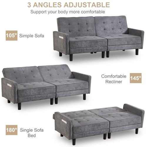 IPKIG 72" Futon Sofa Bed, Convertible Sleeper Sofa, Loveseat Couch, Linen Fabric Split-Back Sofabed with Side Pockets for Small Spaces Home Office Meeting Room Studio (Grey)