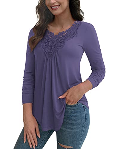 Tralilbee Women s 4X Plus Size Tops Casual Blouse Long Sleeve Lace Tunic Tops Fit Flare Purple Gray 4XL