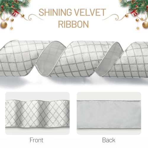 FAKILO Samtband mit Draht, 6,4 cm, silberfarbenes Glitzer-Diamantgitter und metallisches Samtband für Kranz, Weihnachtsbaum, Geschenkverpackung, große Schleifen, Festival-Dekoration – durchgehend 9,1