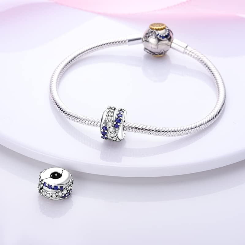 Miniatura 2 de CYCUFF Abalorio espaciador de clip para pulsera de plata de ley 925 con estrella y luna pavimentada con circonita cúbica, cierre de clip, regalo