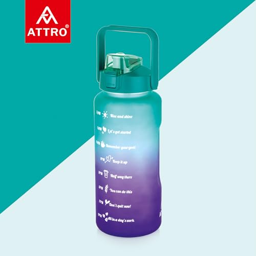 Image of ATTRO Motivational 2 Liter Quotes & Time Marker Dual Colour Sports Bottle With Easy to Carry Handle & Straw BPA Free, Leak Proof for Gym, Office, Workout- Green Purple, Plastic