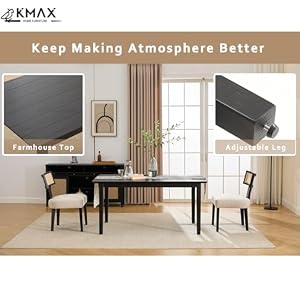 Kmax Farmhouse Dining Room Table 63 Inch Black Ktichen Table Rectangle Dining Table with Adjustable Leg Pad for 4 6 Rustic Table for Dining Room Kitchen Restaurant Black Brush Top Black Brush Leg