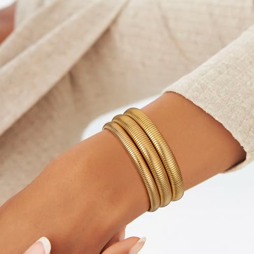 Eaciy Elegant 18K Gold Filled Bangle Bracelets Set – 3PCS Waterproof Chunky Jewelry for Women, Tarnish-Free Stackable Bangles - Image 3
