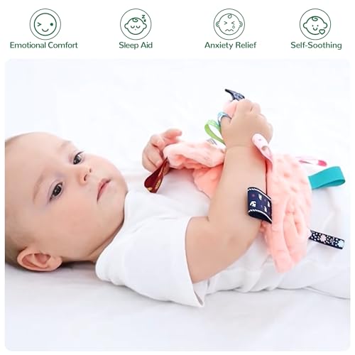 Image of Baby Tags Security Blankets - Baby Soothing Plush Blanket with Colorful Tags, 10 inchx10 inch Square Sensory Toys, Lovey for 3 Months+ Babies Boys and Girls (Green)