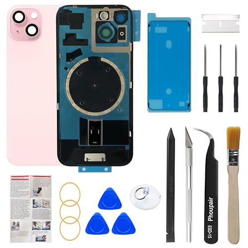 Phoupair OEM Back Glass Replacement Compatible with iPhone 15 6.1 Inches with Camera Frame and Camera Lens + Professional Repair Tool Kit and Installation Instruction (Pink)