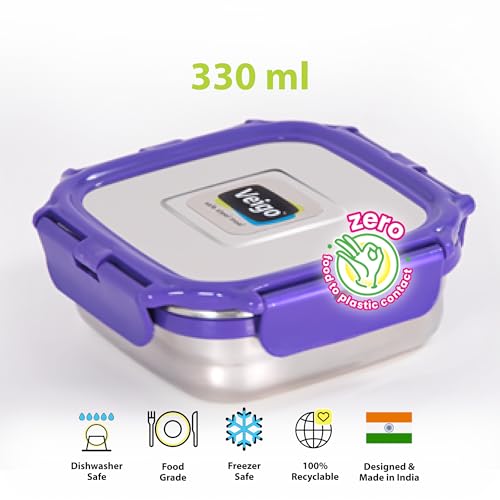 Image of Veigo Original Stainless Steel Snack Box 300 ml, Airtight Leakproof Kids Snacks Box for School & Office, Freezer Dishwasher Safe, Silicone Ring Polymer Frame, Safe Lid Lock, Compact Lunch Box - Purple