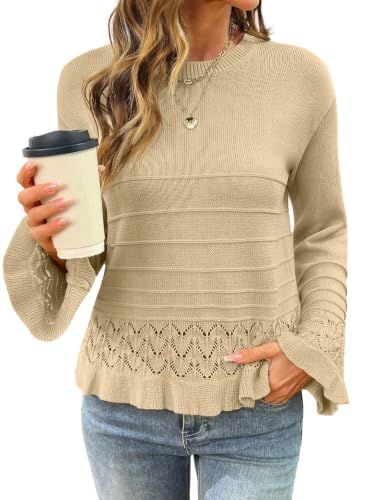 EVALESS Womens Crochet Pullover Sweaters Ruffled Hem Tops Apricot X-Large