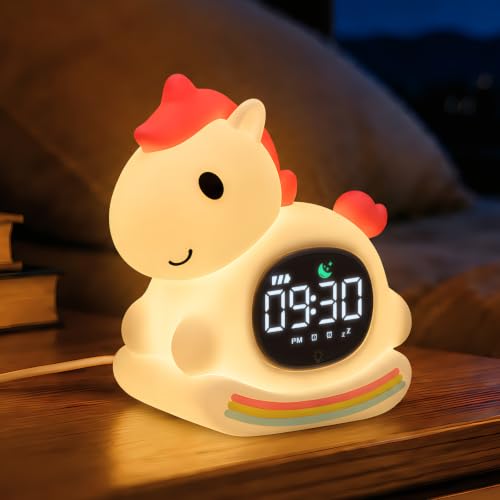 WUYOR Poney Rose Réveil Enfant Éducatif Jour/Nuit Lumineux en Silicone avec Veilleuse – Réveil Éducatif pour Enfants, Horloge avec Lumière Apaisante, Idéale pour Garçons et Filles