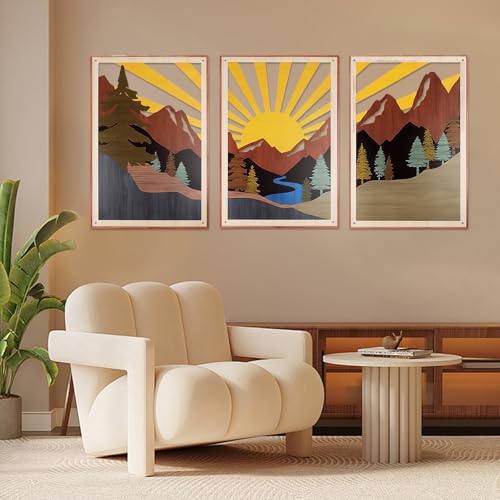 YiYa Ensemble De 3 Pièces Décoration Murale en Métal Décoration Murale En Métal Forêt De Montagne Décoration Murale Bohème en Métal pour Salon Chambre À Coucher Grande Sculpture Murale