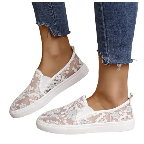 Hsternexy Scarpe da donna piatte – Pizzo Dirndl Trachten Sneaker in rete traspirante scarpe estive bianche da sposa scarpe da tennis sportive scarpe da ginnastica, B02 argento, 42 EU