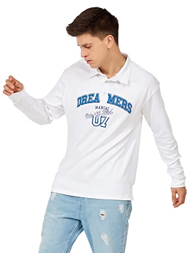 Image of Maniac Mens Printed Polo Neck Full Sleeve White and Blue Oversized Fit Cotton T-Shirt
