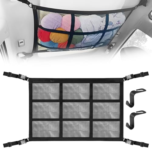 Gepäcknetz Auto für Aufbewahrung, 74 x 53 cm Universal Autodach Gepäcknetz Decke mit Reißverschluss, mit 2 Haken, Verstellbare, für Vier Dacharmlehnen, Van und die Meisten Fahrzeugtypen (Schwarz)