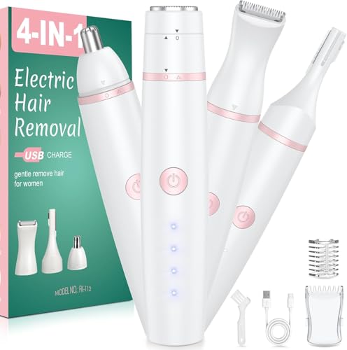 Gesichtshaarentferner für Frauen 4-in-1 Trocken & Nass Nasenhaartrimmer Frauen Rasierer Damen Intimrasierer & Augenbrauenrasierer für Bikinizone, Gesicht, Nase/Ohren, Akku-Anzeige & IPX6 & USB Plug Gesichtshaarentferner für Frauen 4-in-1 Trocken & Nass Nasenhaartrimmer Frauen Rasierer Damen Intimrasierer & Augenbrauenrasierer für Bikinizone, Gesicht, Nase/Ohren, Akku-Anzeige & IPX6 & USB Plug