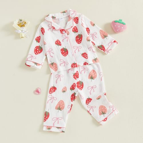 ZZLBUF Toddler Kids Baby Girl Pajamas Strawberry Bow Long Sleeve Button Shirt Top and Pajama Pant 2Pcs Pjs Set Sleeepwear (Strawberry Bowknot White, 2-3 Years) - Image 2