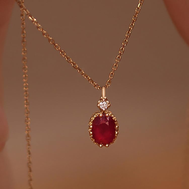 14k Gold Plated Oval Ruby Necklace for Women 925 Sterling Silver Birthstone Necklace Shiny Red Garnet Charm Necklace for Mother Daughter Valentines Day Birthday Jewelry Gifts - Image 8