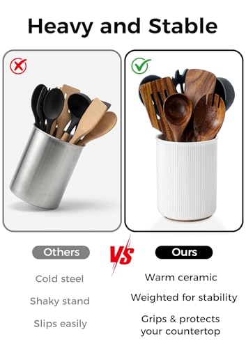 Image of LoeJan 6.7 inch Utensil Holder, Ceramic Kitchen Utensil Holder with Cork Bottom, Large Utensil Crock for Countertop, Vintage Cooking Tool Organizer Set for Kitchen Counter Decor(White)