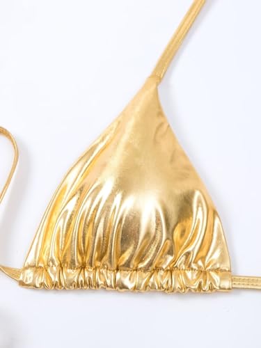 Women's Metallic Shiny Bathing Suit High Waisted Triangle Tie Side Swimsuit Bikini Set3