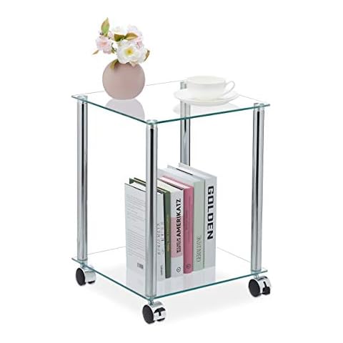 Relaxdays Mesa Auxiliar con Ruedas de Cristal y Acero Cover