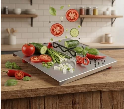 Image of Stainless Steel Chopping Board with Knife Attached, Large | Steel Cutting Board for Kitchen, Vegetable Chopping Board
