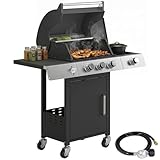 Outsunny 3 Burner Propane Gas Grill with Side Burner, 36,000 BTU BBQ Grill, Propane BBQ with Cast Iron Grates, Wheels, Warming Rack, Side Tables, Cabinet, Thermometer