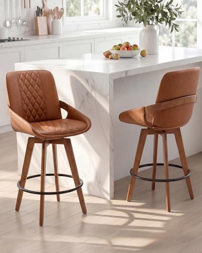 Image of AQG Counter Height Bar Stools, Mid Century Modern Bar Chairs Swivel with Back, Faux Leather Upholstered Barstools Walnut Wood Frame for Kitchen Island (Brown, 26 Inch - 1 PCS)