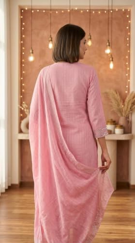 Image of Women's Cotton Blend Embroidered Kurta with Dupatta Set | Straight Fit Ethnic Kurta | 3 /4 Sleeves | Round Notch Neck | Solid Pink Traditional Suit Set
