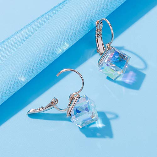 Cube Austrian Crystal Drop Leverback Earrings For Women Fashion 14K Rose Gold Plated Hypoallergenic Jewelry (Aurora Boreali) #TOP7
