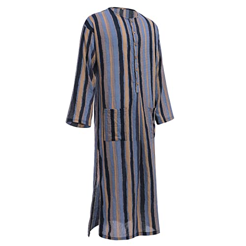 IDOPIP Men's Muslim Thobe Long Sleeve Striped Robe Gown Arab Islamic Kaftan Abayas Dress Middle East Dubai Ramadan Clothing2